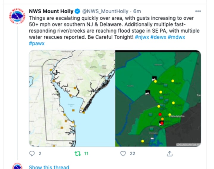 Strong wind gusts and flash flood warnings were issued by the National Weather Service out of Mount Holly for South Jersey and parts of Pennsylvania.