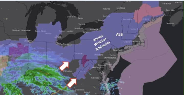 Winter Weather Advisories (areas shaded in purple) are in effect for most of the Northeast.