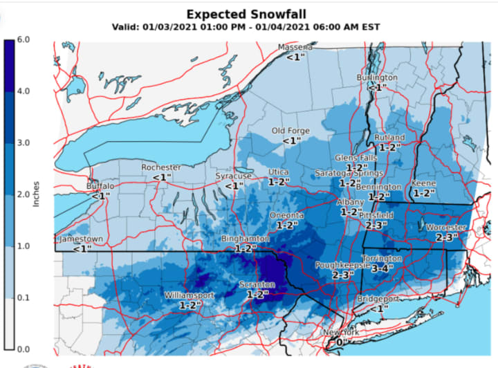 A look at projected snowfall totals from Sunday afternoon, Jan. 3 into early Monday morning, Jan. 4.