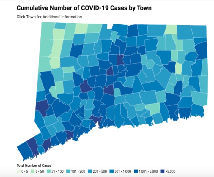 A look at COVID cases by community in Connecticut.