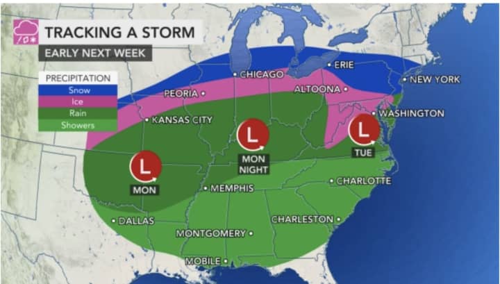 The storm is expected to cover a wide area, bringing snow to the north (in dark blue) and ice (pink), rain (green), and showers (light green) farther south.