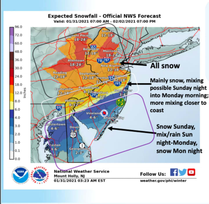 Snow totals and timing across NJ and PA (Jan. 31).