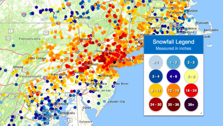 Snow totals across the Northeast (Feb. 2) according to the National Weather Service.