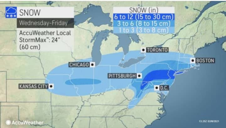 A look at projected snowfall totals by AccuWeather for the storm expected Thursday, Feb. 11 into Friday, Feb. 12.