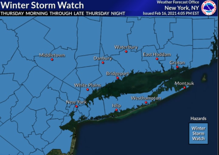 A look at the coverage area for the Winter Storm Watch in effect from 6 a.m. Thursday, Feb. 18 until 6 a.m. Friday, Feb. 19.