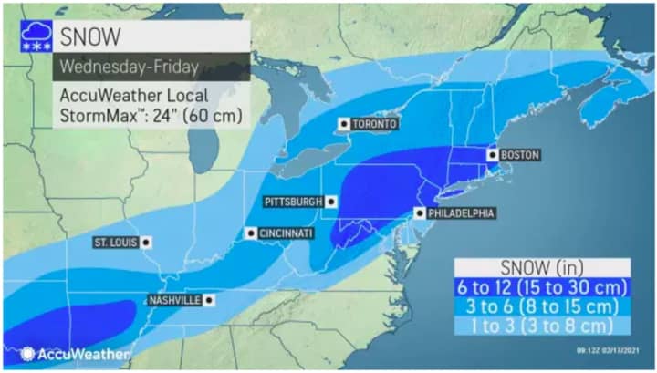 A look at projected snowfall totals on Thursday, Feb. 18 from AccuWeather.