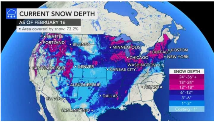 A look at snow-covered areas in the United States this week, with snow depths shown by color.
