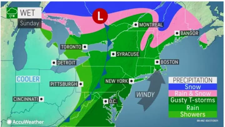 A look at the new storm system that will sweep through the region on Sunday, March 28.