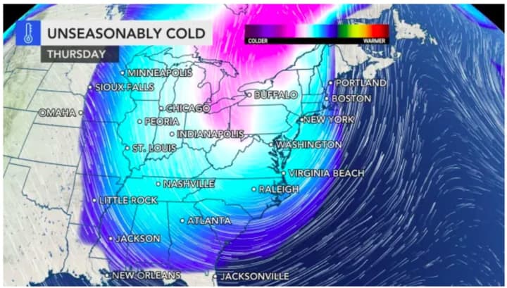 A look at the unseasonably cold weather pattern that has moved in on April Fools&#x27; Day, Thursday, April 1, which is also Major League Baseball Opening Day.