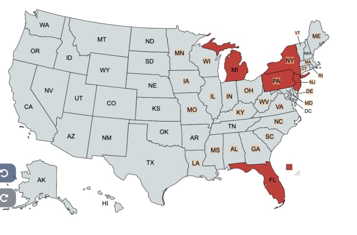 Florida, New York, Michigan, Pennsylvania, and New Jersey represent nearly 50 percent of the nation&#x27;s new COVID-19 cases.