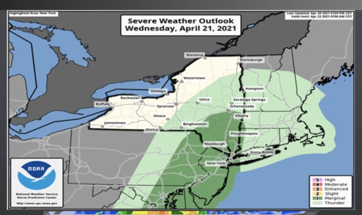 A look at areas (in darker green) where there is a higher risk of severe thunderstorms on Wednesday, April 21.