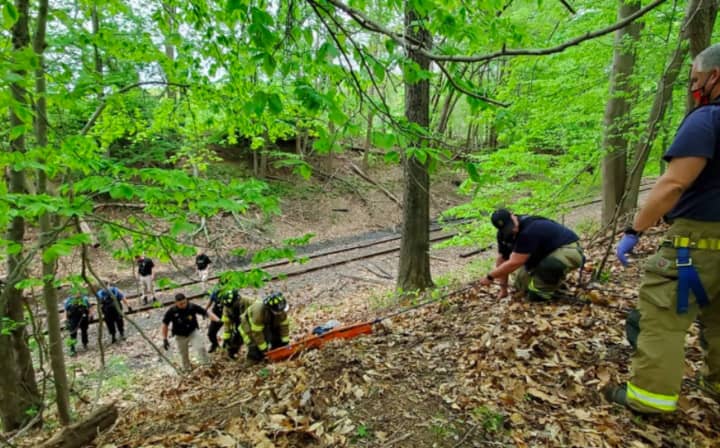 Police and firefighters in Monroe Township lift a woman out of Thompson Park.