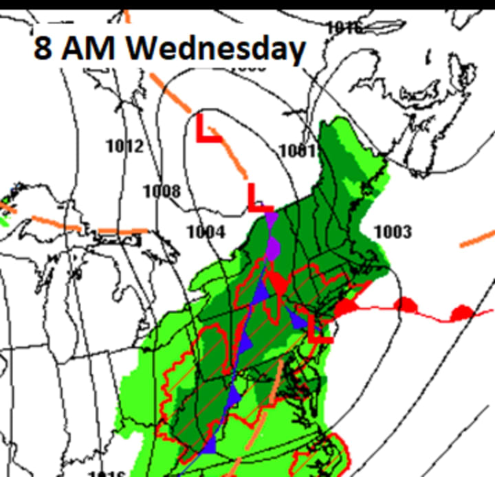 A look at areas where thunderstorms are most likely (outlined in red) on Wednesday, May 5.