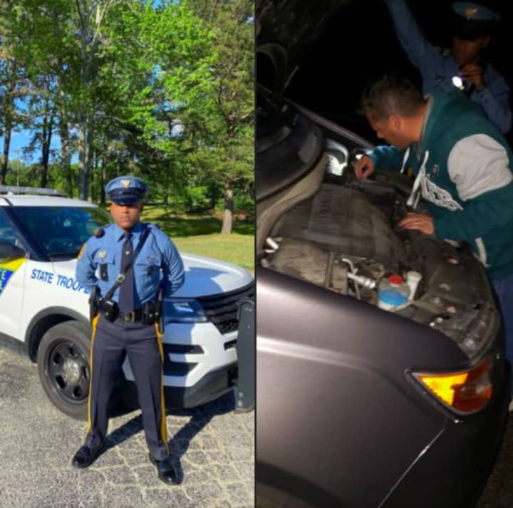 NJ State Trooper Jason Frazier, left, by day, and helping a stranded motorist in the middle of the night (right).