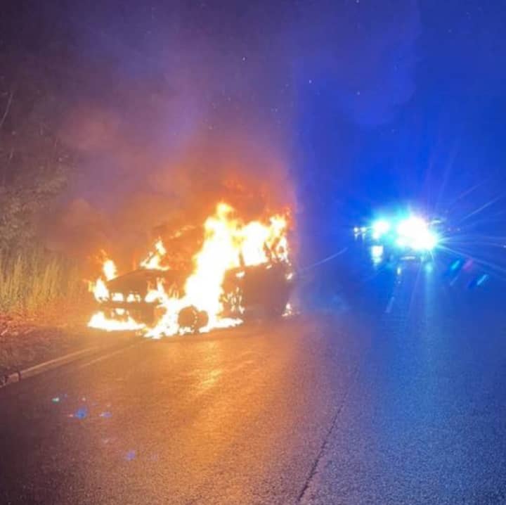 The sedan caught fire on Route 10 in Parsippany around 9:40 p.m., according to the Mount Tabor Volunteer Fire Department, which assisted with overhaul.