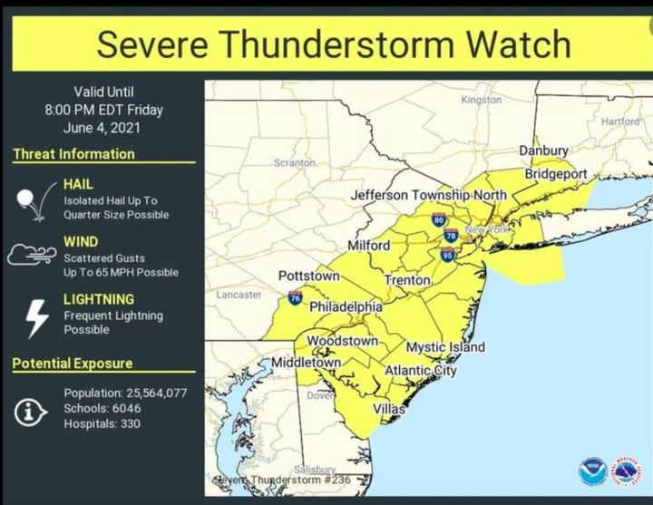 A look at areas (in yellow) where a Severe Thunderstorm Watch is in effect until 8 p.m. Friday, June 4.