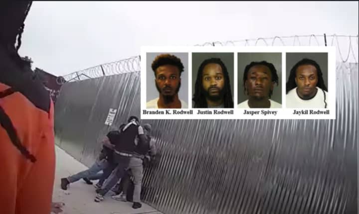 Disturbing footage shows a group of men attacking Newark police officers that led to the arrests of four men.