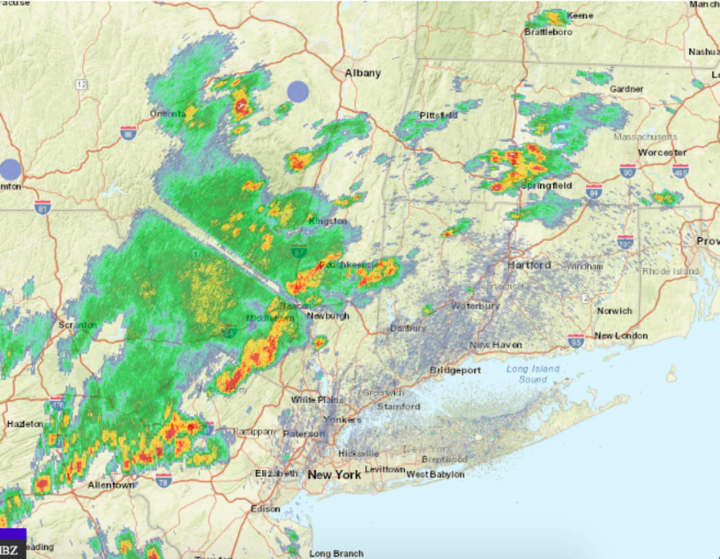 A look at severe storms (marked in red) on a radar image of the region from just before 2 p.m. Tuesday, June 8.