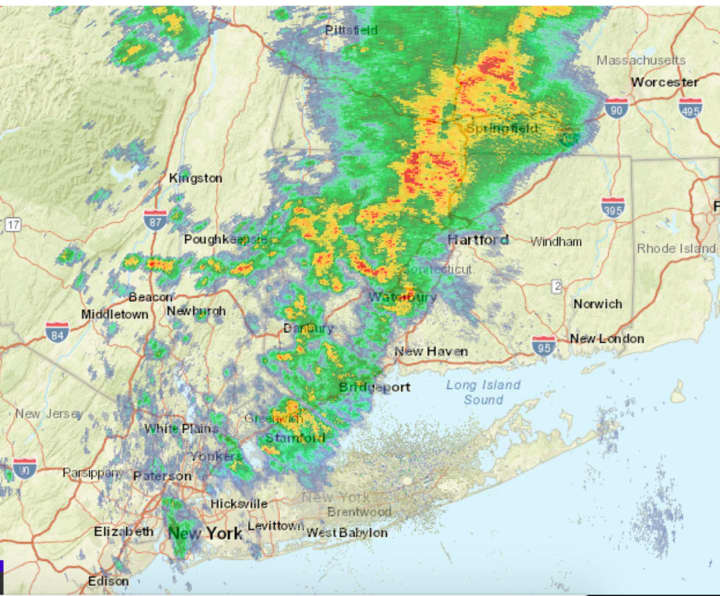 A radar image showing storms, some severe (in yellow and red), sweeping through the region at around 8 a.m. Monday, June 14.