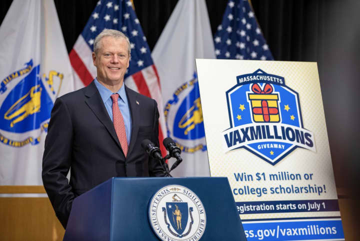 Massachusetts Gov. Charlie Baker introducing the state&#x27;s &quot;VaxMillions&quot; lottery.