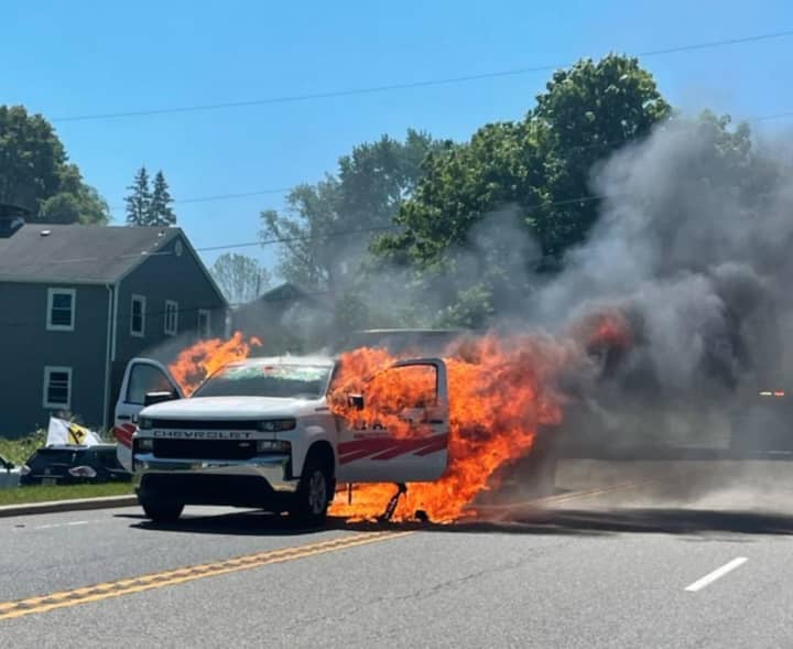 A Chevrolet pickup truck caught fire in Sussex County Wednesday morning and caused a temporarily road closure and delays in the area, authorities said.