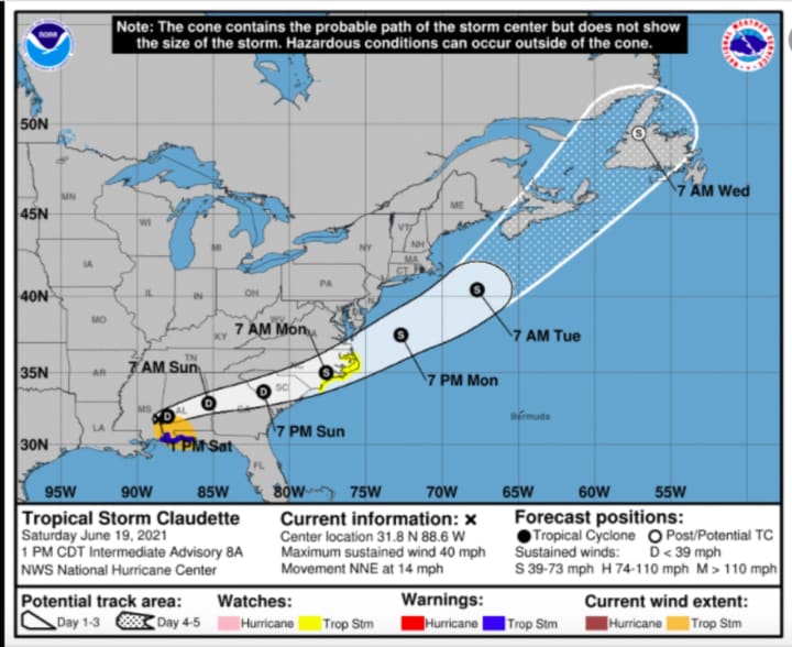 Tropical Depression Claudette could regain tropical-storm status after it passes over the open waters of the Atlantic on Monday, June 21 en route toward the Northeast.