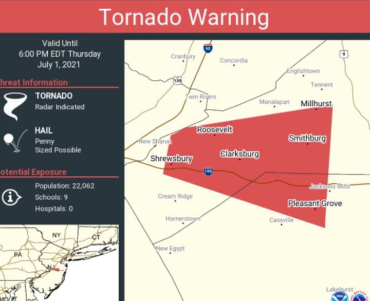 National Weather Service issued a tornado warning for Burlington, Mercer and Monmouth counties.