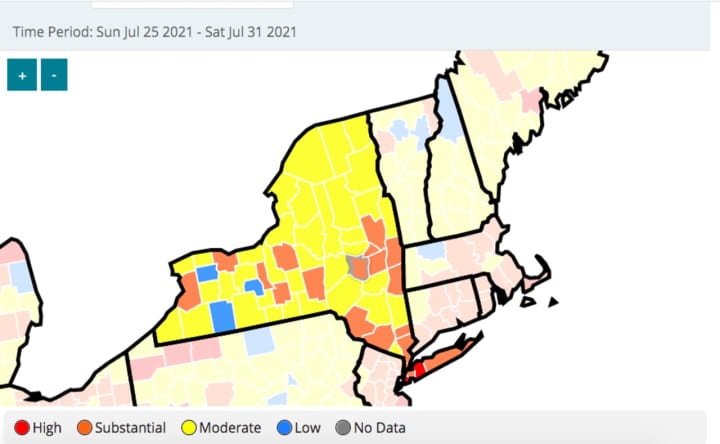 A map showing areas in New York State of high, substantial, moderate, or low COVID-19 spread as of Monday, Aug.2.