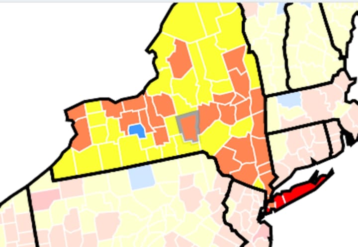 Counties in New York with “high” (dark red) and “substantial” (orange) COVID-19 transmission rates as of Tuesday, Aug. 3.