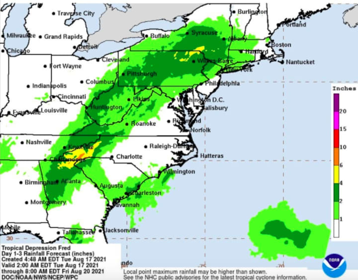 A look at projected rainfall totals from Fred. Most of the region will see about 2 inches of rainfall (light green) with up to 4 inches in some parts of the region. (Dark green.)
