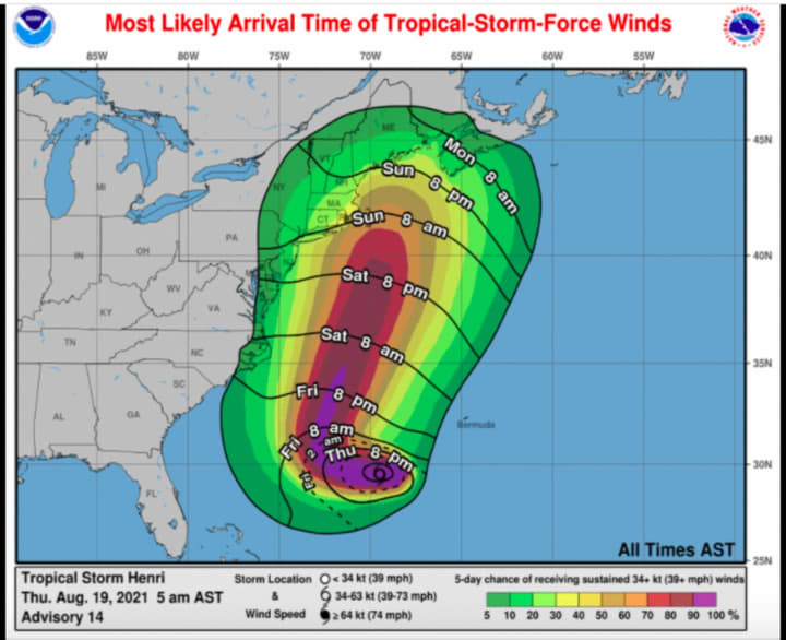 A look at the track and timing of Tropical-Storm-Force winds from Henri.