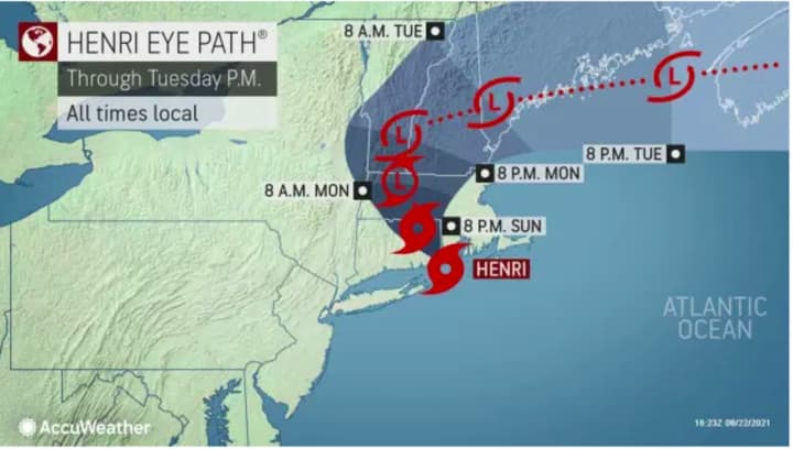 A look at the projected path of Henri until Tuesday, Aug. 24, after making landfall around 12:45 p.m. Sunday, Aug. 22, in Westerly, Rhode Island,