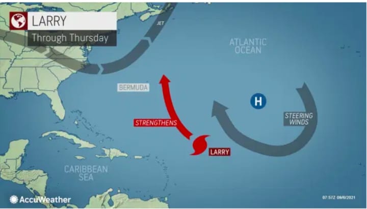 Now churning in the Atlantic, Cat 3 Hurricane Larry (red marker) is expected to move toward Bermuda on Thursday, Sept. 9.