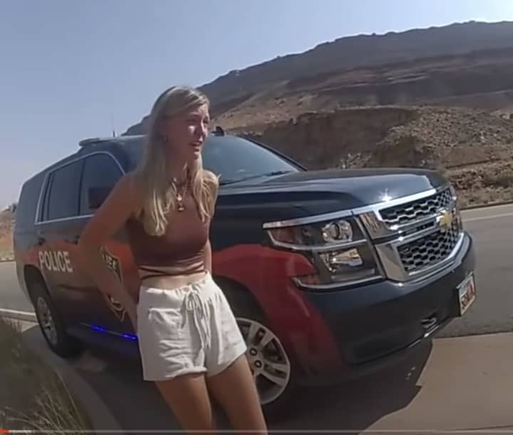 A distraught Petito during the police stop in Moab, Utah.