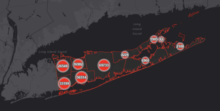 The Suffolk County COVID-19 map on Thursday, Oct. 7.