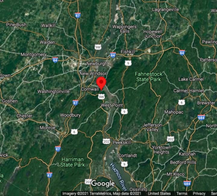 The area where the crash happened (marked in red) in Orange County: Storm King Mountain in Cornwall.