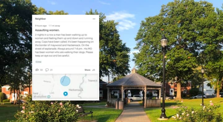 Warning posted on the Neighbor App and the gazebo on the Esplanade in Hackensack.