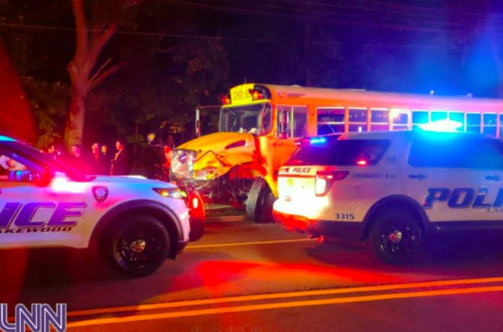 Scene of a head-on school bus crash Thursday night on River Avenue. (Courtesy: Lakewood News Network)