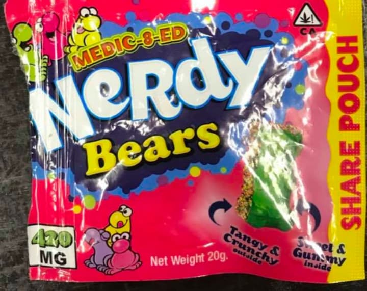 A package of Medic-8-ed Nerdy Bears reportedly containing Delta-THC.