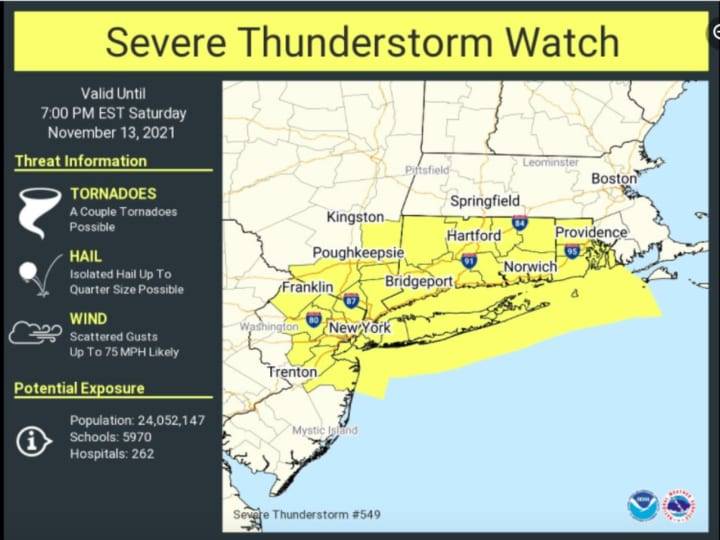 A severe thunderstorm watch has been issued for parts of NY, CT, NJ and RI until 7 p.m. Saturday, Nov. 13.