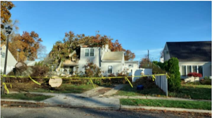 A look at damage from one of the three Long Island tornadoes, in Levittown.
