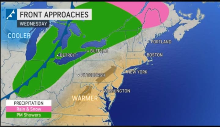 An approaching front on Wednesday, Nov. 17 will bring precipitation for parts of the Northeast and a change in temperatures for the entire region.