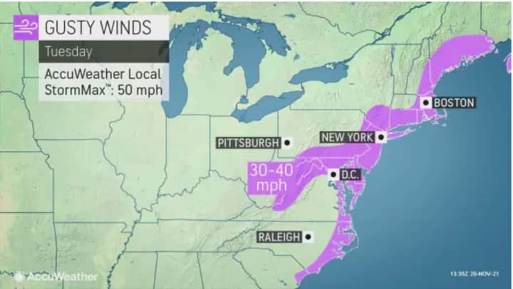 Strong gusty winds are in store for most of the region on Tuesday, Nov. 23.
