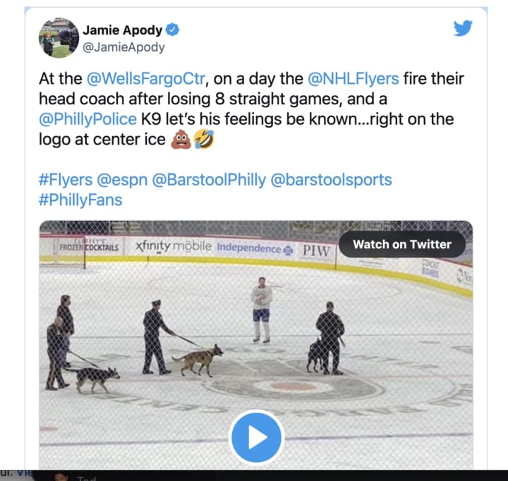 A police K-9 dog took a dump at a Philadelphia Flyers game.