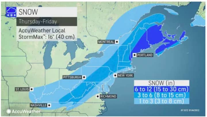 A look at potential snowfall totals from the storm Thursday, Jan. 6, and Friday, Jan. 7, from AccuWeather.