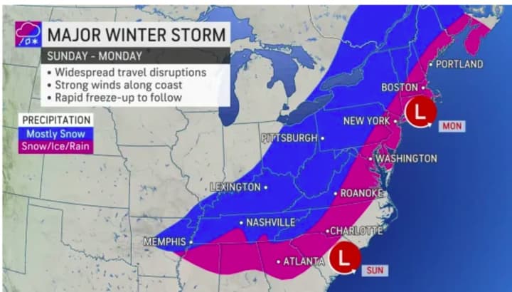 A look at the anticipated broad reach of the storm Sunday, Jan. 16 into Monday, Jan. 17.