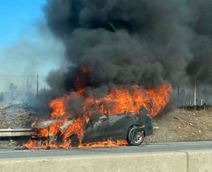 A car went up in flames on Route 22 Thursday afternoon, prompting a massive suppression effort from several fire departments that was captured in a shocking video clip.