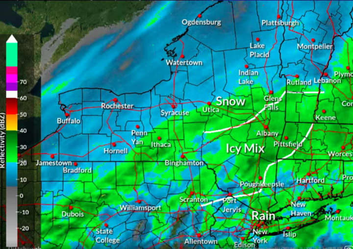 A radar image of the region just before daybreak on Friday, Feb. 4, showing the mix of snow, ice and rain from north to south.