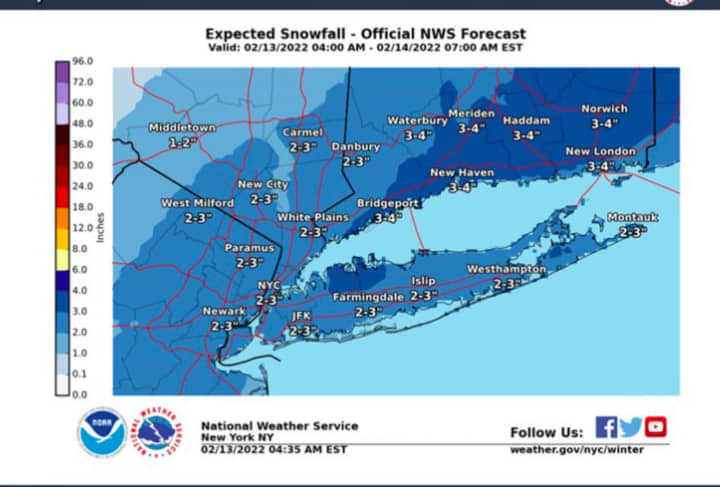 Snowfall projections released on Sunday morning, Feb. 13 by the National Weather Service in New York.