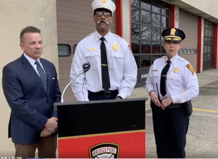 Acting Fire Chief Lance Edwards makes the announcement along with Mayor Joe Ganim and Police Chief Rebeca Garcia.
